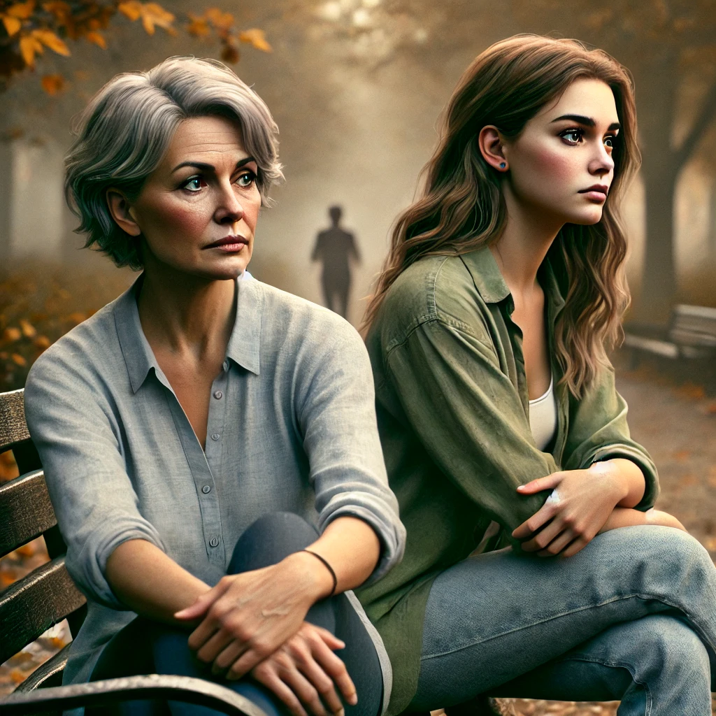 Digital painting of an adult mother and daughter sitting on opposite sides of a bench, looking estranged.