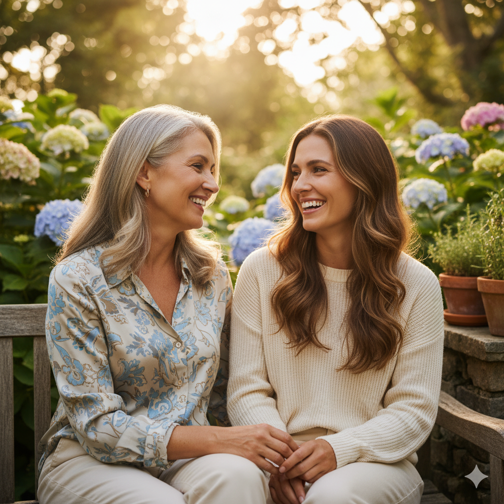 mother and daughter smiling together in a garden symbolizing adult mother-daughter healing and relationship repair