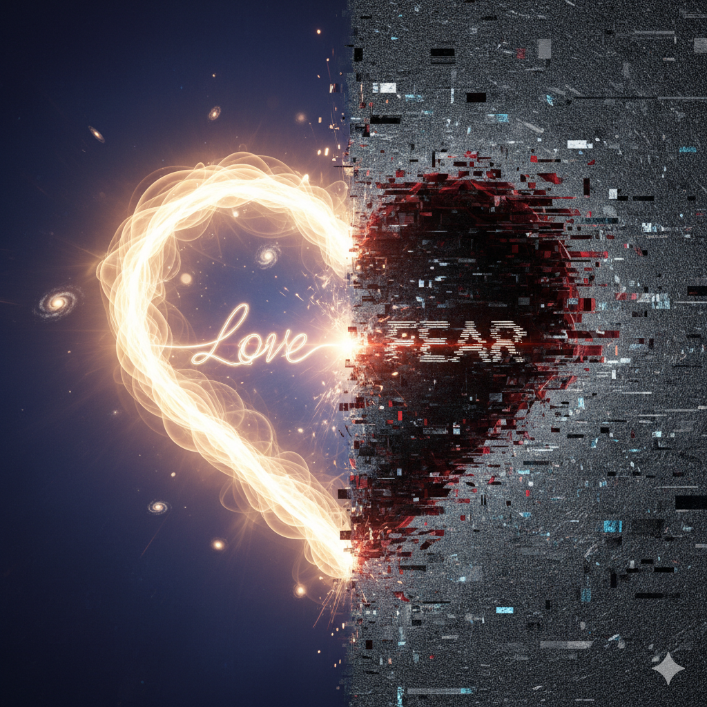 heart split between love and light versus fear and darkness symbolizing spiritual healing and inner transformation