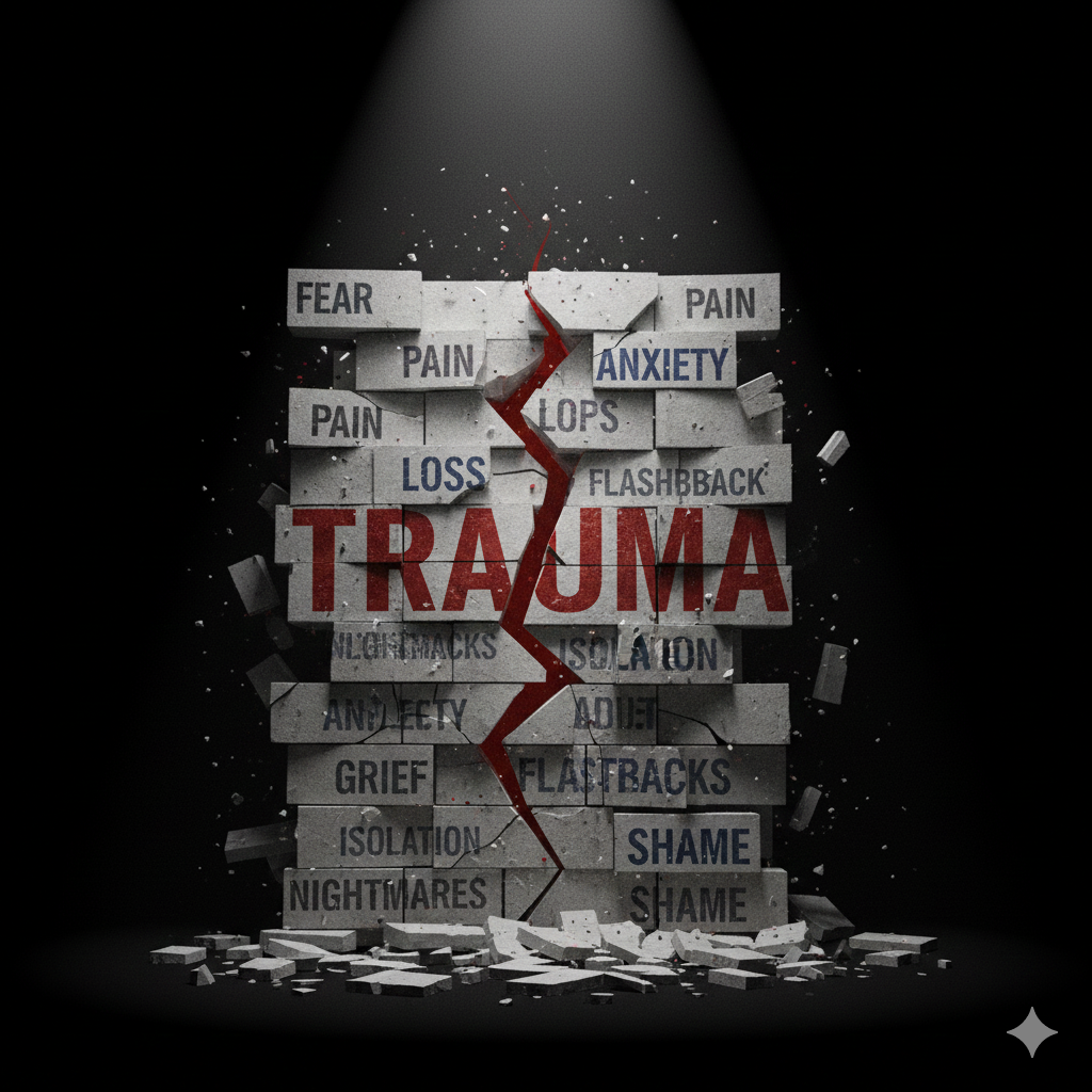 cracked wall with words fear pain anxiety loss and trauma symbolizing the effects of unhealed trauma and emotional wounds