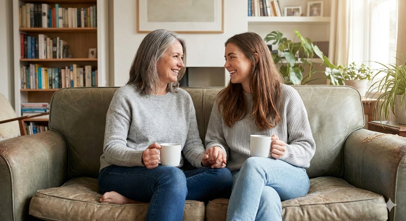 mother and daughter sitting together on couch smiling over coffee symbolizing strong mother daughter connection and preventing estrangement