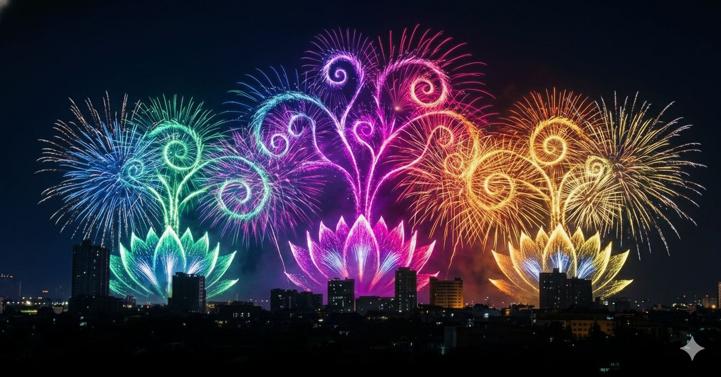colorful New Year fireworks and lotus flowers over city skyline symbolizing new year family healing and conscious reflection