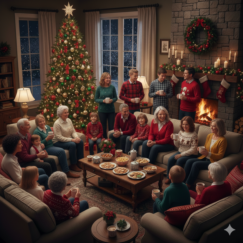 multigenerational family gathered around Christmas tree during the holidays symbolizing emotional patterns and family healing