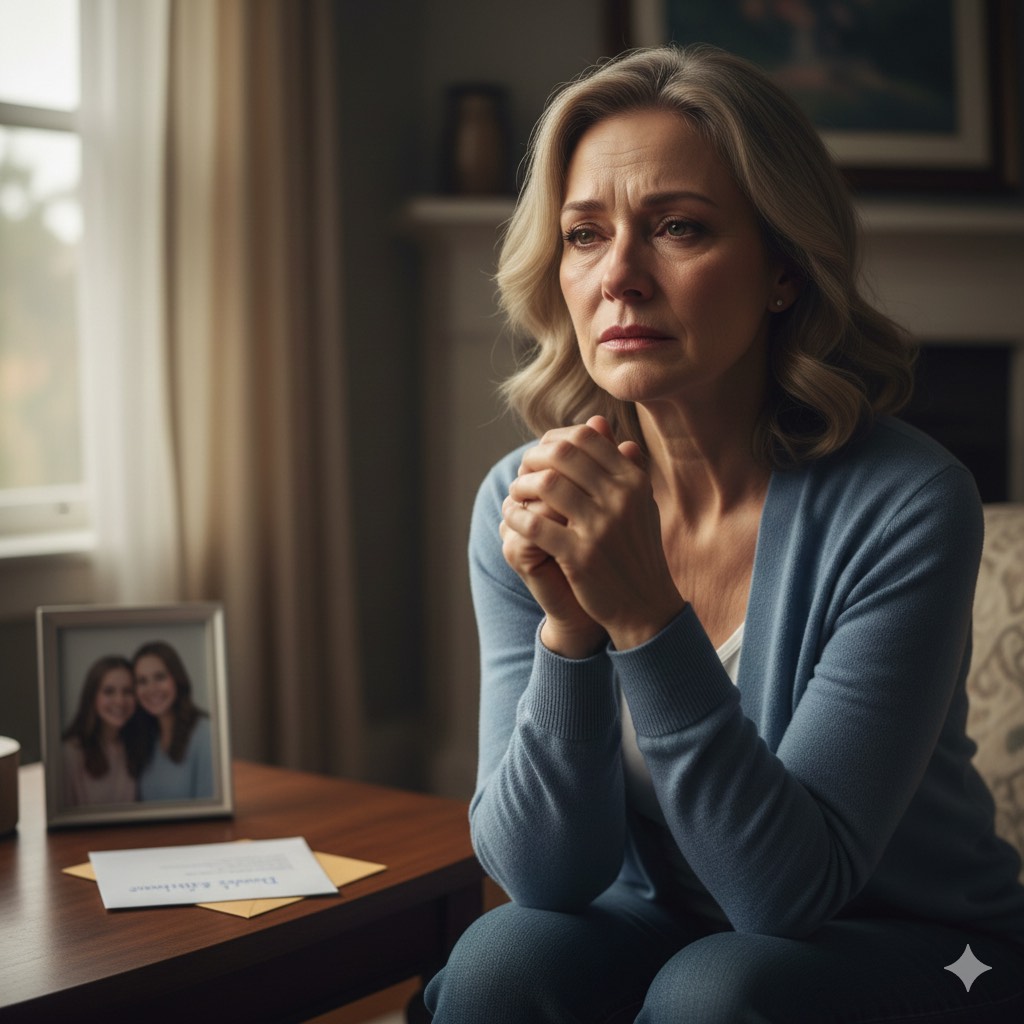 woman looking pensively out window with clasped hands symbolizing pain of mother daughter estrangement and the journey toward reconnection