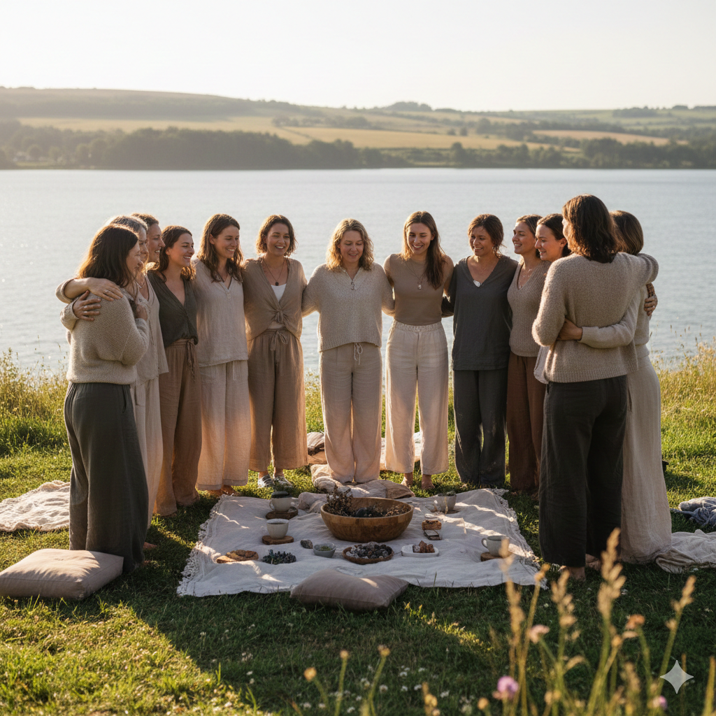 women gathered around in a circle with arms around each other
