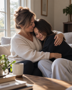 mother-daughter hugging sitting on couch